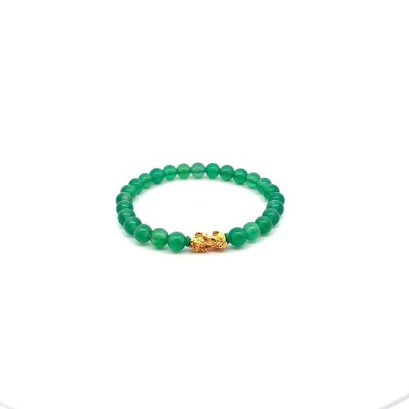 RAFANTHIA Jewelry - 18K Gold Pixiu Piyao Lucky Charm Bracelet Natural Green Agate Gemstones 6mm